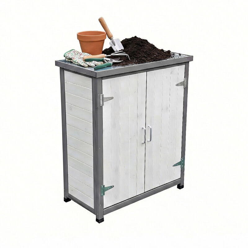 Relaxdays Potting Table With Cabinet, Pine, Galvanised Worktop, Hxwxd, 90 X 75 X 40 Cm, Garden Cabinet, White/grey