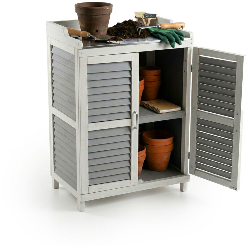 Relaxdays Potting Table With Storage Cabinet, Wood, Iron Worktop, Hxwxd, 100 X 67 X 47 Cm, Grey/white