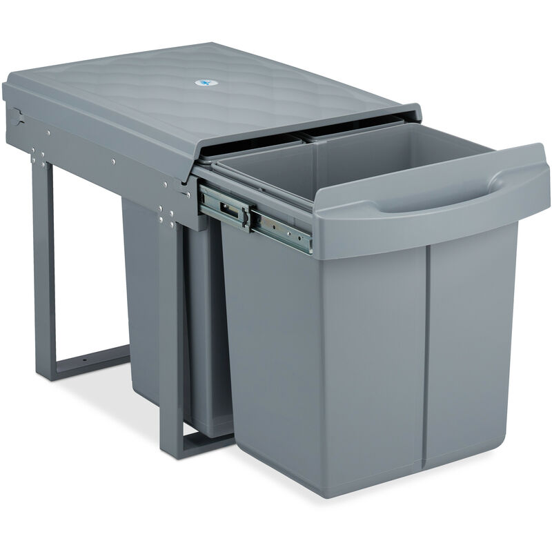 poubelle encastrable coulissante, 3 bacs, système de trie pour le sous-évier, 20l & 2x10l, 41x33,5x52 cm, gris - Relaxdays