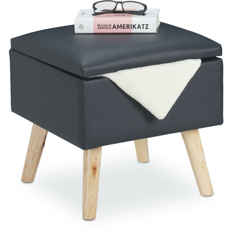 Ottoman With Storage Space, Imitation Leather Footstool, 40x40x40 Cm, With Lid, Upholstered Seat, Dark Grey - Relaxdays