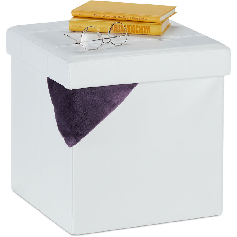 Footstool With Storage Space, Folding Stool Seat, 40 L, Padded, Hxwxd, 38 X 37 X 37 Cm, Faux Leather, White - Relaxdays