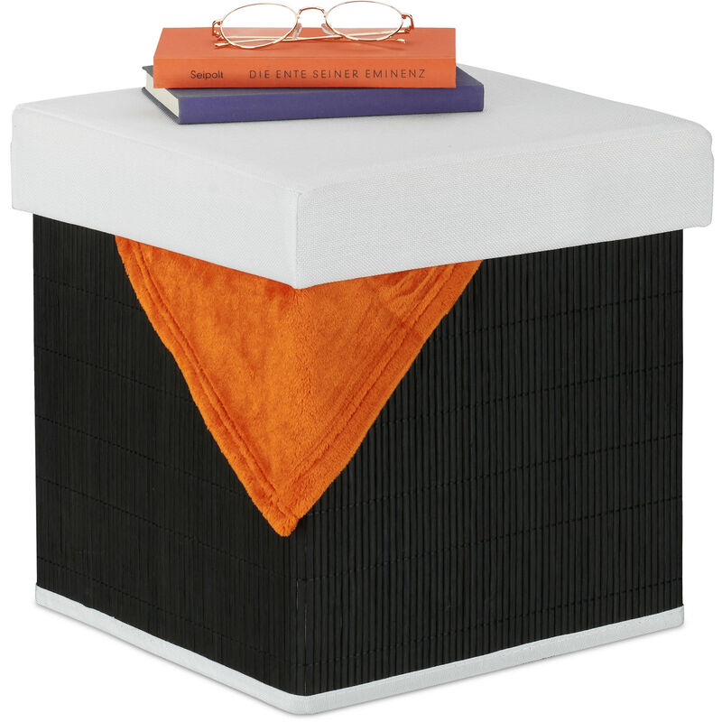 Relaxdays - Pouf Contenitore, Sgabello Pieghevole in Bambù, Poggiapiedi Imbottito, HxLxP: 35 x 35 x 35 cm, Nero Bianco