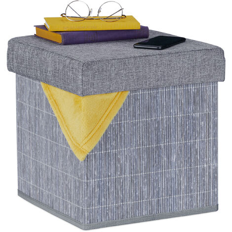 1 pz Sgabello Poggiapiedi Imbottito Portaoggetti Relaxdays Pouf Contenitore con Vassoio Integrato Grigio Chiaro Multiuso 