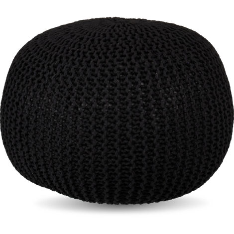 Relaxdays Pouf, gestrickt, HxD: 33 x 46 cm, Polystyrol-Füllung, rundes Bodensitzkissen, Boho Hocker, Sitzpouf, schwarz