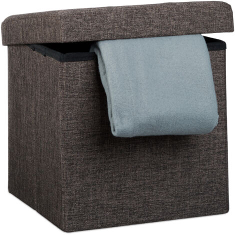 Relaxdays Pouf Pieghevole Con Contenitore, Sgabello a Forma di Cubo, Lino, Coperchio Rimovibile, 38x38x38 cm Marrone