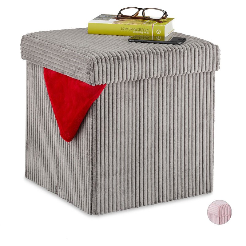 Relaxdays Storage Ottoman, Foldable, Seat Stool With Storage, Corduroy, Cube Box, With Lid, Storage 38x38x38 Cm, Grey