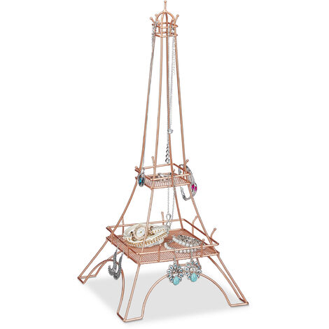   Présentoir à bijoux tour Eiffel, colliers, bagues et bracelets, métal, HxLxP 47 x 21 x 21 cm, rose doré