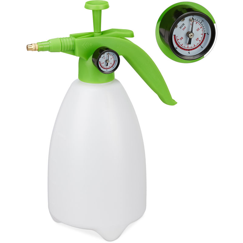 Relaxdays - Pressure Sprayer Bottle, Adjustable Brass Nozzle, Manometer, Garden Pest Control, 2L, White/Green