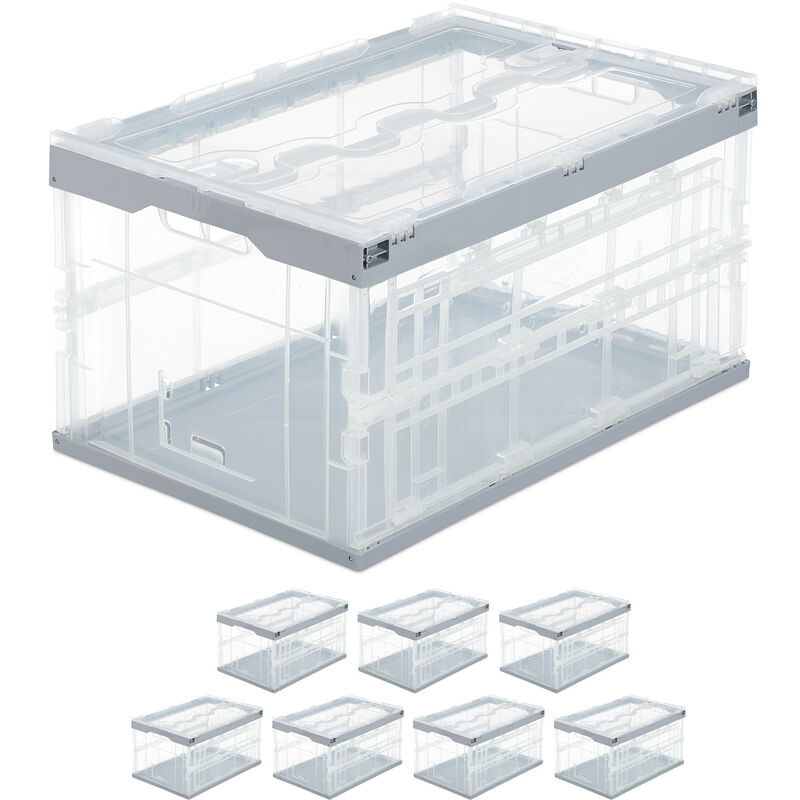 Set Of 8 Relaxdays Professional Storage Box, Sturdy, Commercial Crate, Plastic, Lidded, 60x40x32cm, Grey-transparent