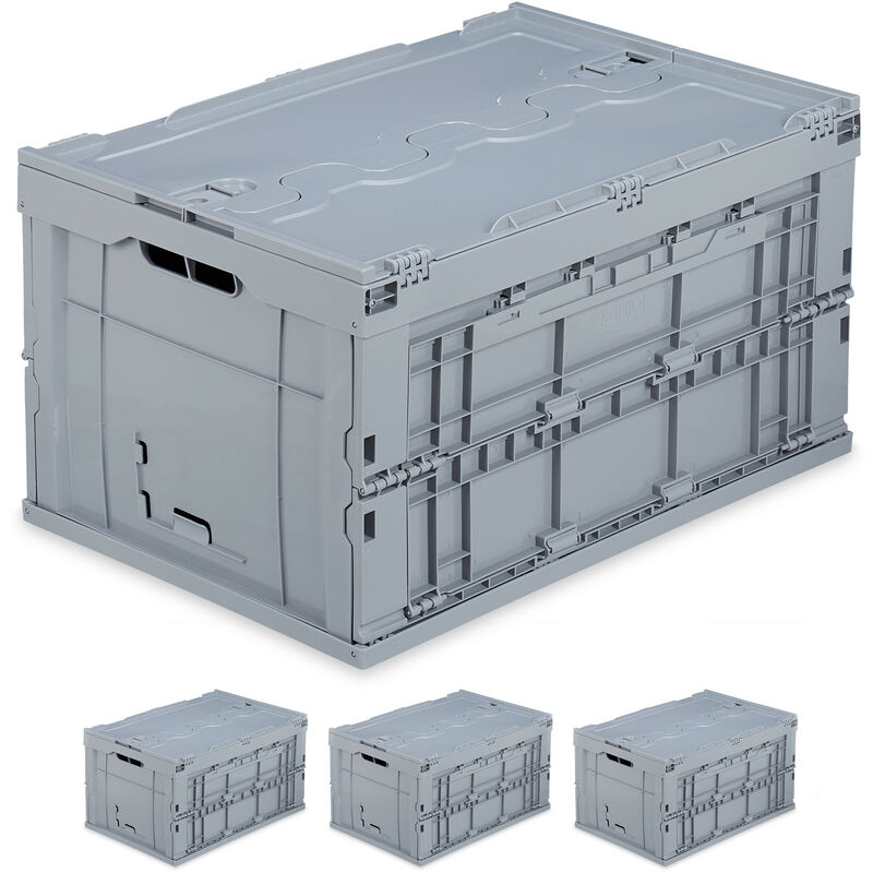 Set Of 4 Relaxdays Professional Storage Boxes, Sturdy, Commercial Crate, Lidded, 60x40x32cm, Grey