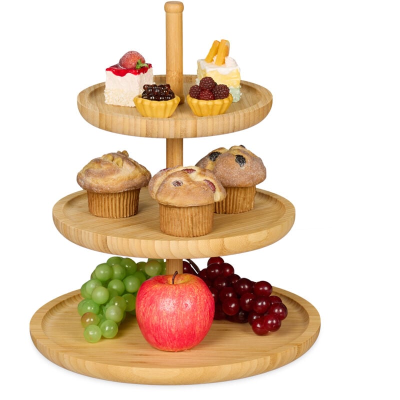 Présentoir 3 niveaux, bambou, h : 25 cm, d : 30 cm, 3 plateaux en bois pour gâteaux, snacks, noix, nature - Relaxdays