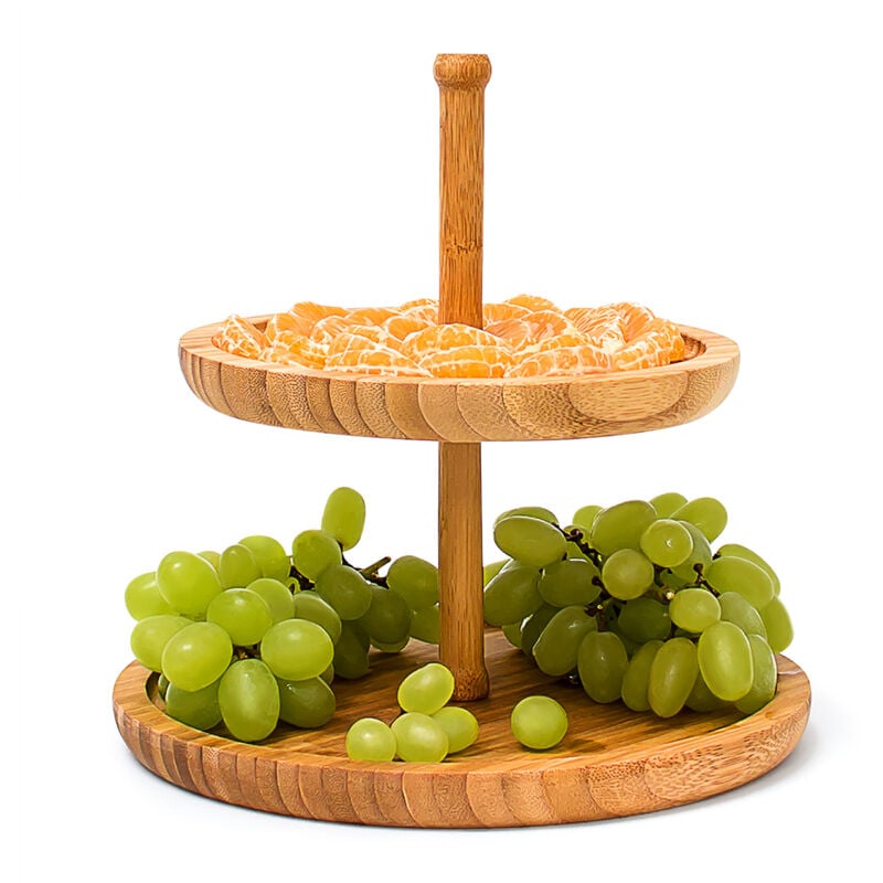 Présentoir étagère en bambou cuisine salle à manger 2 plateaux porte-fruits H:25 cm ø: 25 cm rond, couleur naturelle - Relaxdays