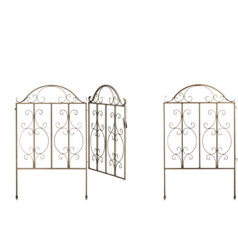 Relaxdays Puerta de Jardín, 3 Piezas, Acero, Adornos de Arabescos, 2 Paneles Laterales de Verja, 98,5 x 185 cm, Bronce