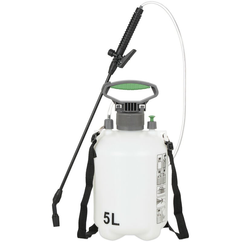 Pulvérisateur à pression 5 l, appareil, lance tuyau, ceinture, plante jardin, 3 bar, buse réglable, blanc - Relaxdays