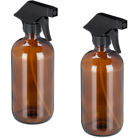 Relaxdays Pulverizador Agua Cristal, 2 x 500 ml, Boquilla Niebla y Chorro, Cuidado Pelo, Rellenable,  Atomizador, Marrón
