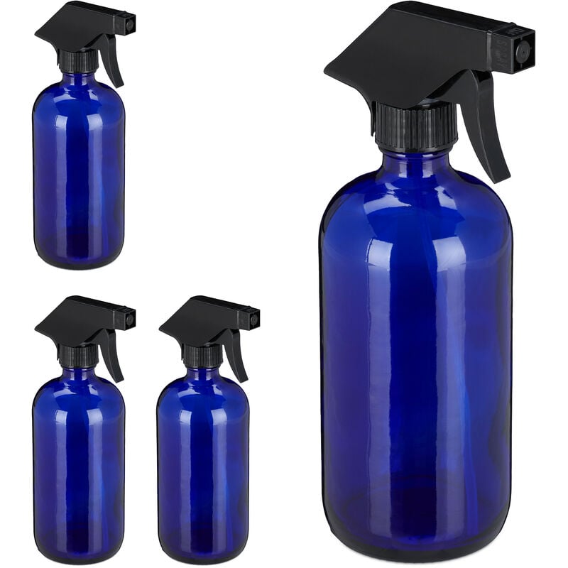 Pulvérisateur en verre, lot de 4, 500 ml, rechargeable, vaporisateur vide, brumisateur, spray, flacon, bleu - Relaxdays