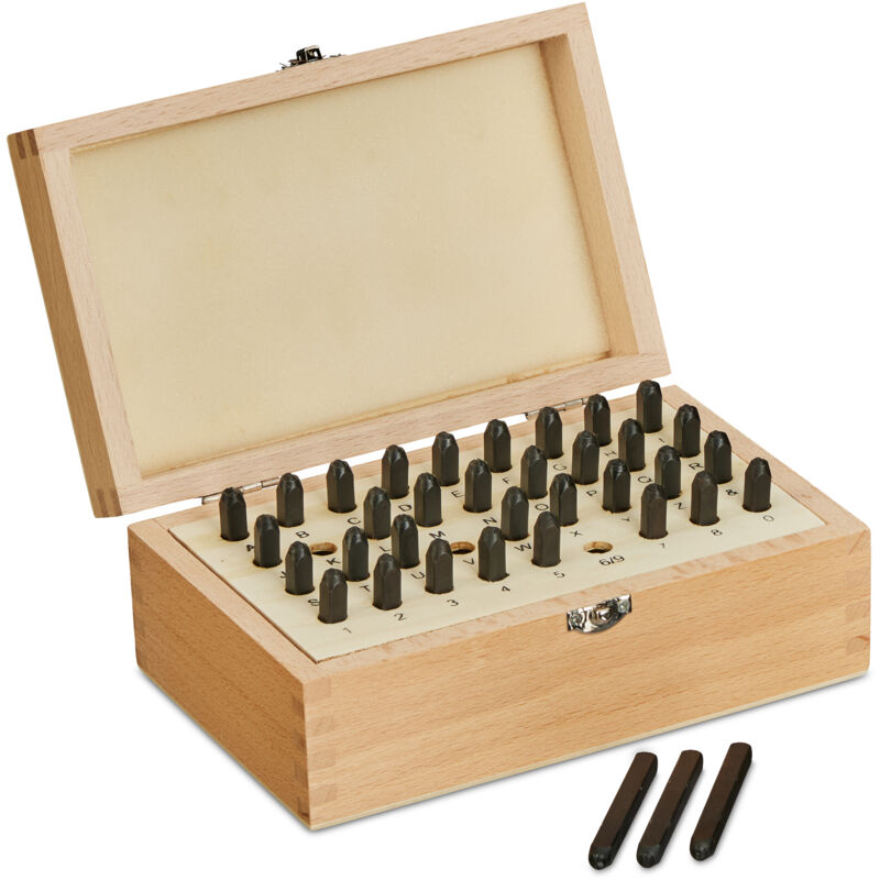Relaxdays - Alphabet Stamp Set, Punch Letter, 36-piece, 3 Mm, Leather And Metal, Wooden Box, Tool A-z & 0-9, Steel, Black