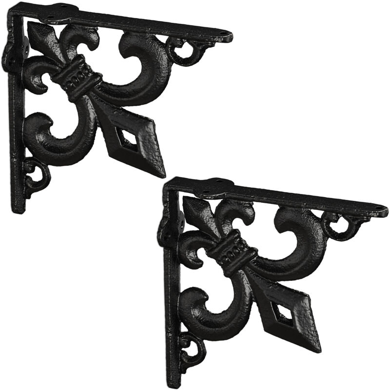 Querre étagère murale, lot de 4, ancien, support en fonte de fer, avec ornement lys, vintage, noir