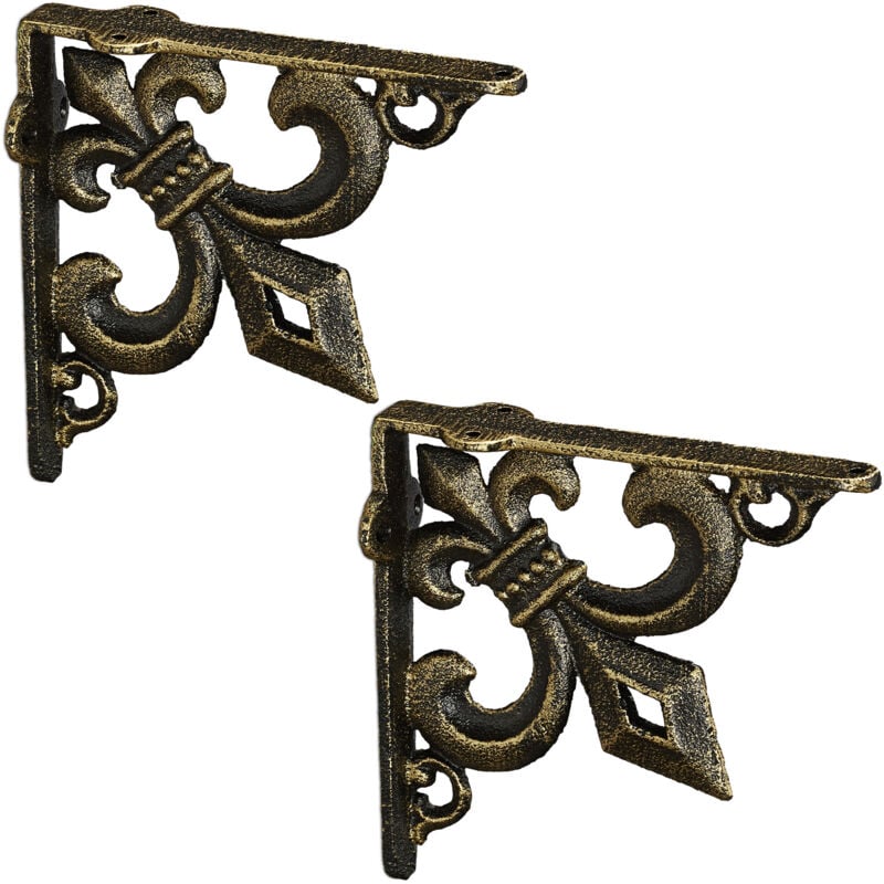 Querre étagère murale, lot de 6, ancien, support en fonte de fer, avec ornement lys, vintage, bronze