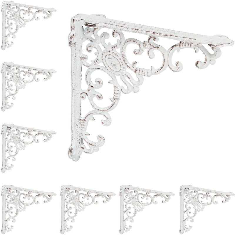 Équerre étagère murale, lot de 8, ancien, support en fonte de fer, ornements baroques,HxLxP : 21,5x4x21,5 cm, blanc