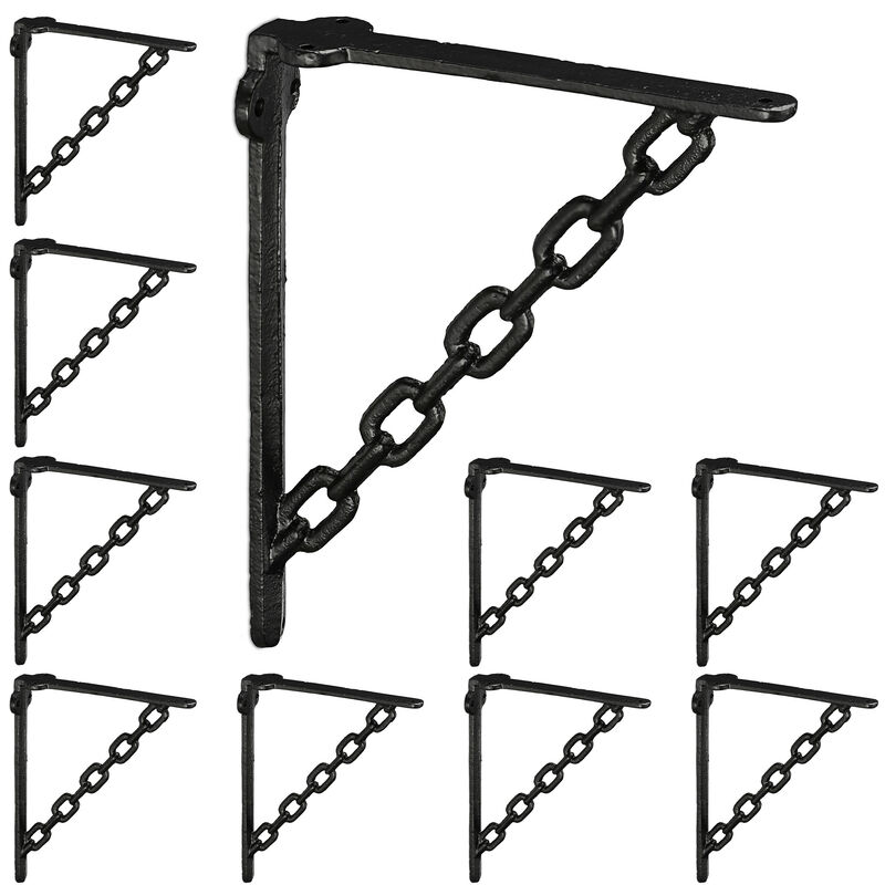 Équerre étagère murale, lot de 10, style ancien, support pour étagères, motif chaines, fonte de fer, vintage, noir