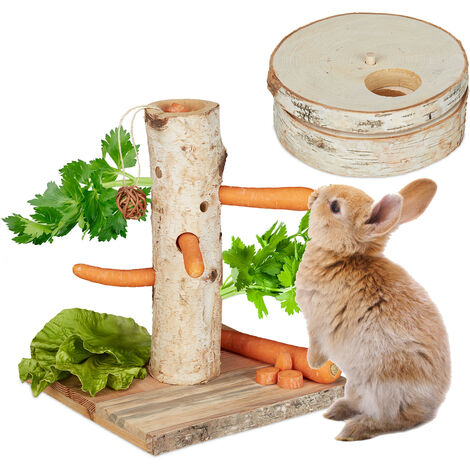 Relaxdays rabbit toy, set of 2, feeding stand & treat box, teeth grinding, guinea pig feeding stand, natural wood