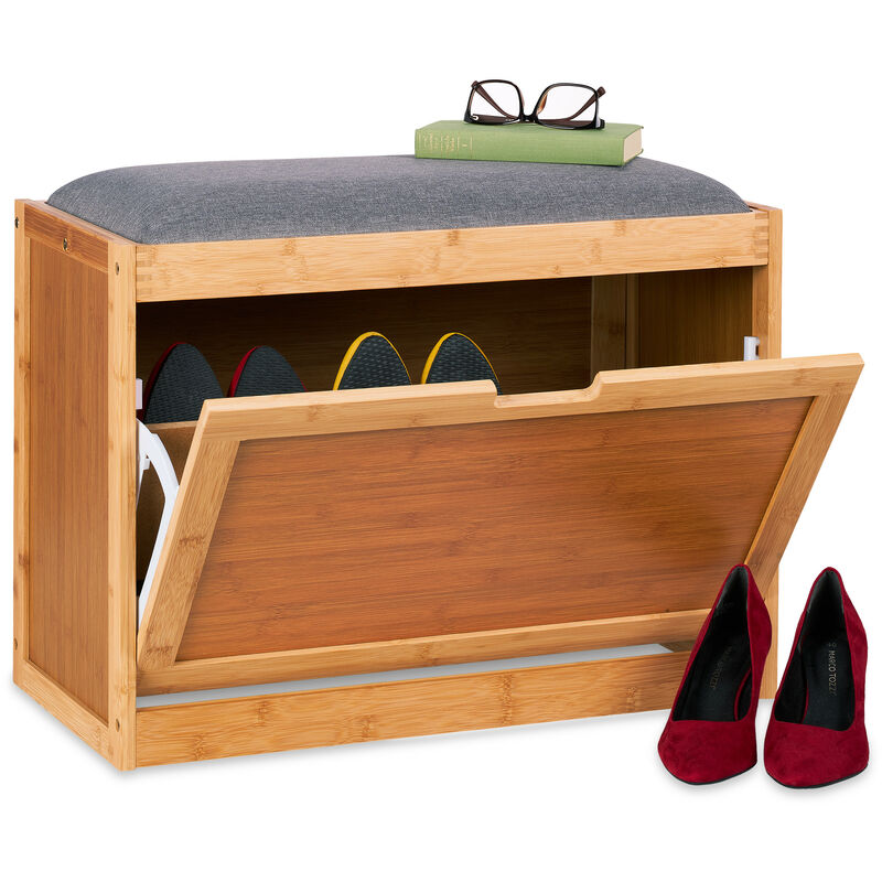 Relaxdays - Range-chaussures, large assise, rangement, entrée et couloir, 2 compartiments réglables, bambou, nature-gris