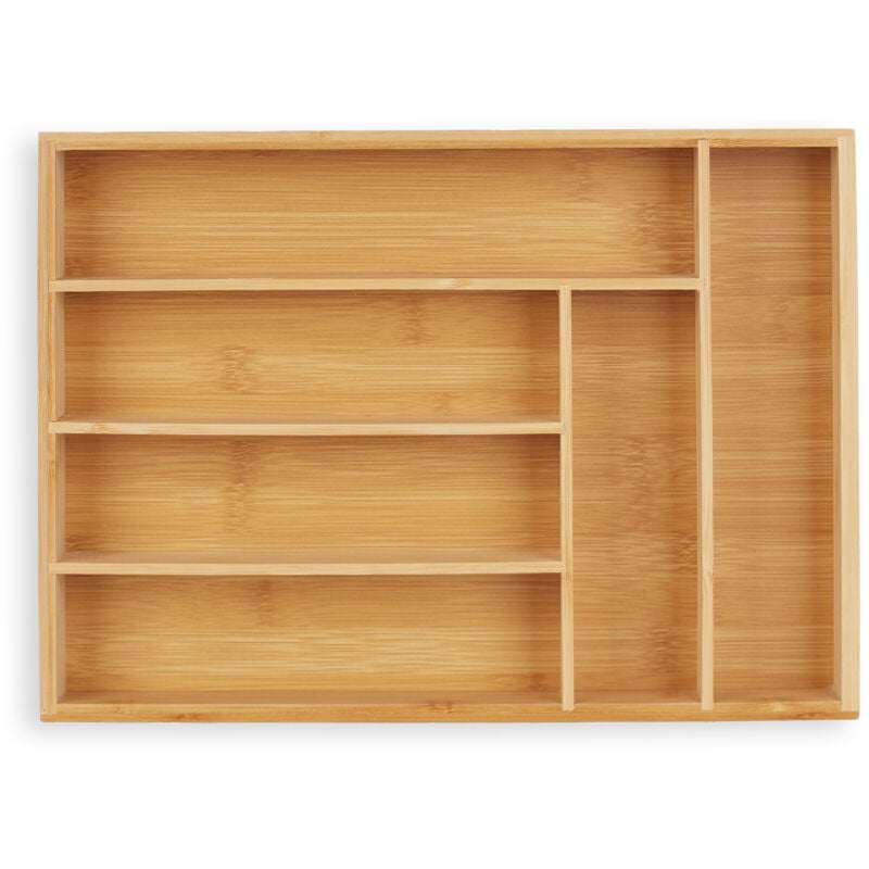 Relaxdays Rangement à couverts, bac de tiroirs avec 6 compartiments, ustensiles de cuisine, 5,5 x 25,5 x 35,5 cm, nature