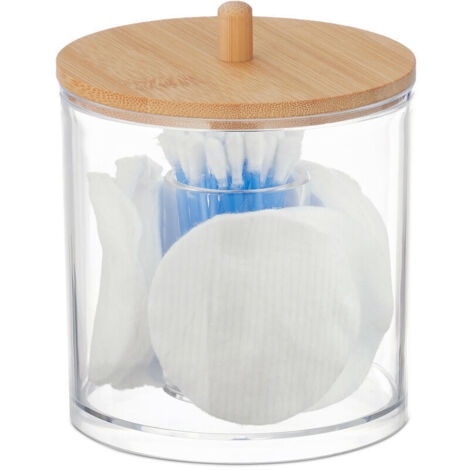 Relaxdays Rangement disques de coton et coton-tiges, plastique, couvercle en bambou, organiseur, transparent & nature