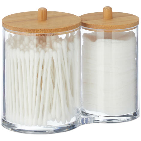Relaxdays Rangement disques de coton et coton-tiges, plastique, couvercles en bambou, organiseur, transparent & nature
