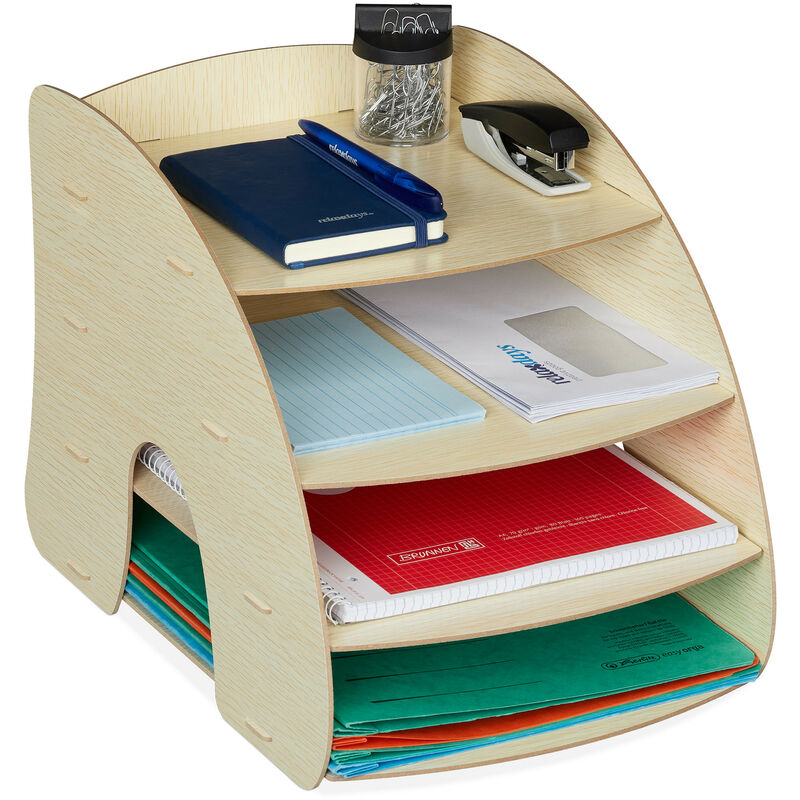 Rangement documents, 4 compartiments, étagères lettres, format A4, HxLxP:27 x 25,5 x 34,5 cm, marron clair - Relaxdays
