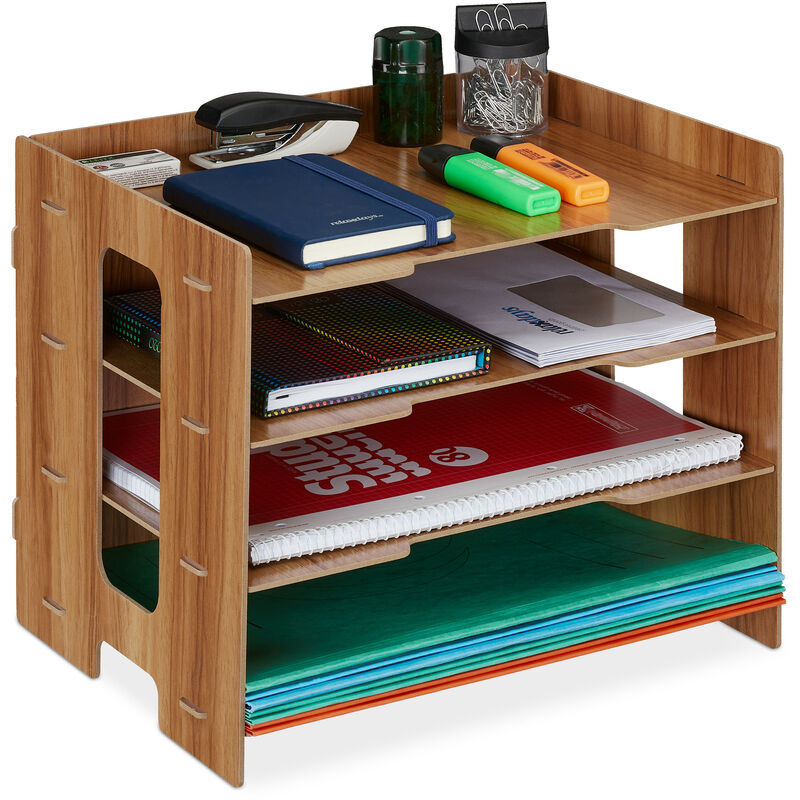 Rangement documents, organiseur en mdf, format A4, 3 compartiments, HxLxP : 27 x 31,5 x 24 cm, marron foncé - Relaxdays