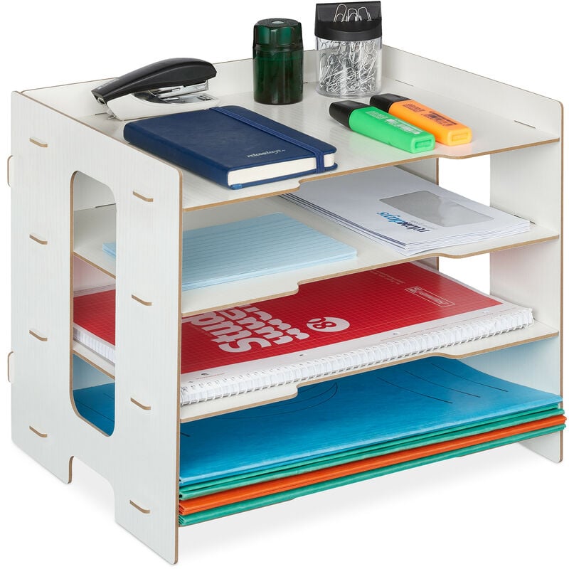 Rangement documents, organiseur bureau en mdf, format A4, 3 compartiments, HxLxP : 27 x 31,5 x 24 cm, blanc - Relaxdays