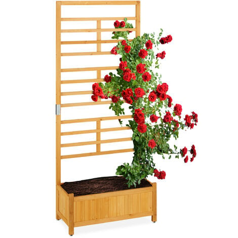 Relaxdays Rankgitter mit Pflanzkasten, hoch, rechteckiger Holz Blumenkasten mit Rankhilfe, HBT 171 x 71 x 31,5 cm, natur