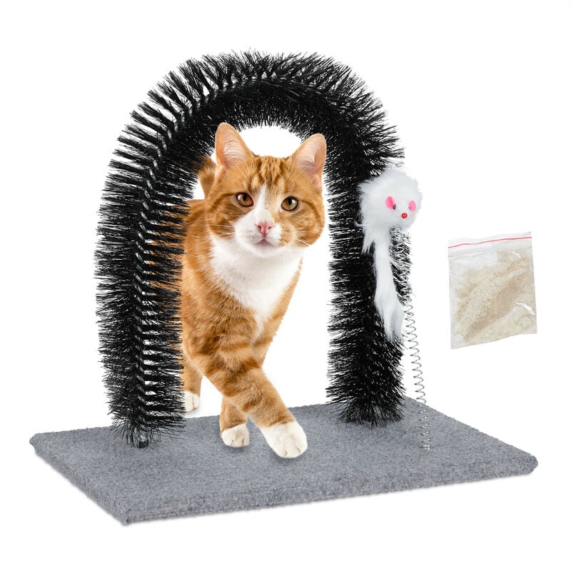 Arche grattoir pour chats, soin de la fourrure et massage, herbe aux chats incluse, jouets souris, gris - Relaxdays