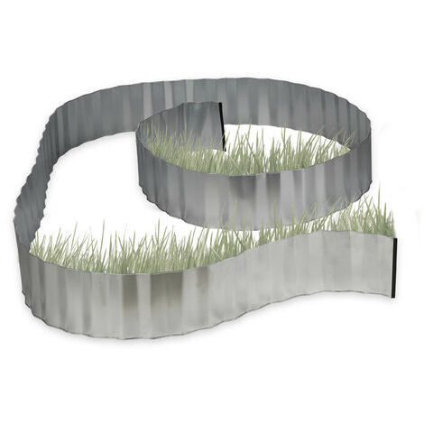 Relaxdays Rasenkante verzinkt, Beetumrandung Metall, Beeteinfassung als Wurzelsperre, 5 m x 16 cm, flexibel, silber, grau
