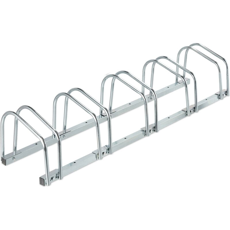 Râtelier pour 5 vélos, jusqu'à 60 mm de largeur de pneu, en métal, garage, support à poser au sol, argenté - Relaxdays