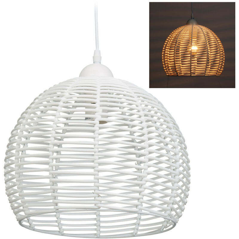 Relaxdays - Rattan Lamp for Kitchen, Living Room & Dining Area, E27 Socket, 40W, Pendant Light, HxD: 120x28 cm, White