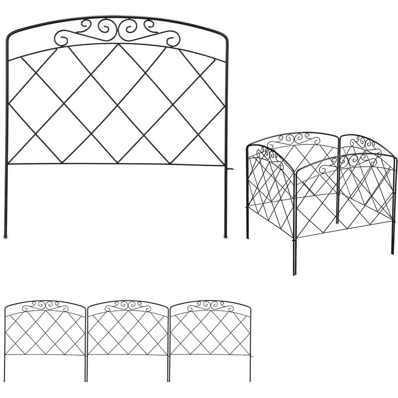 Relaxdays Garden Edging, 4 Piece Set, HxW: 41.5 x 245 cm, Decorative, Flowerbed Border Fence, Push-In, Metal, Black