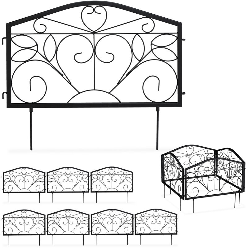 Relaxdays Garden Edging, 8 Piece Set, Hxw, 33 X 450 Cm, Flowerbed Border Fence, Push-in, Iron, Swirl Design, Black