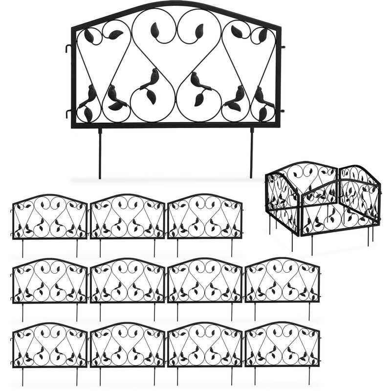 Relaxdays Garden Edging, 12 Piece Set, Hxw, 33 X 675 Cm, Flowerbed Border Fence, Push-in, Iron, Leaf Design, Black