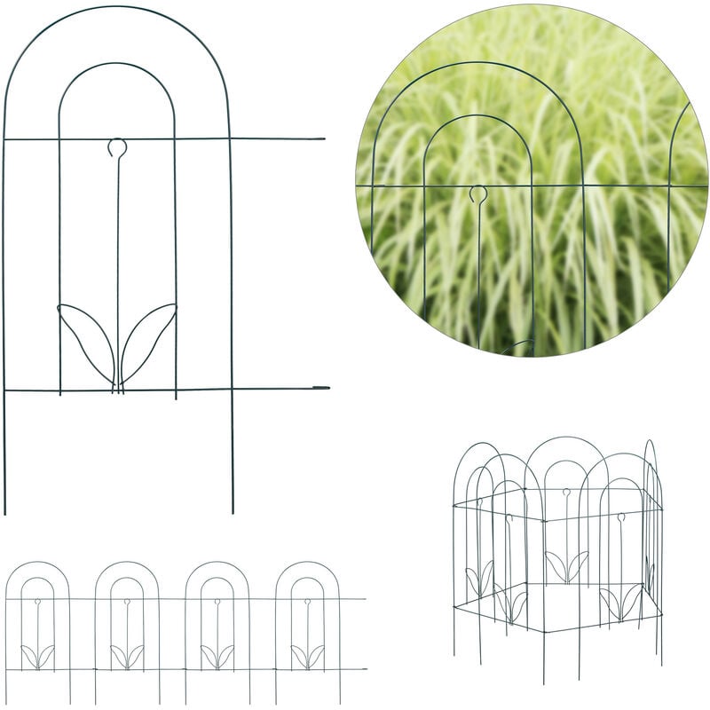 Garden Edging, 5 Piece Set, HxW: 62 x 244 cm, Decorative, Flowerbed Border Fence, Push-In, Metal, Green - Relaxdays