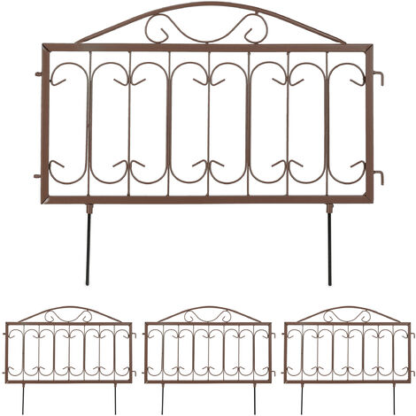Relaxdays Recinzione per Aiuole, Set 4 Pannelli per Cortile e Giardino, Bordure Vintage, Ferro, HL: 46 x 57 cm, Marrone