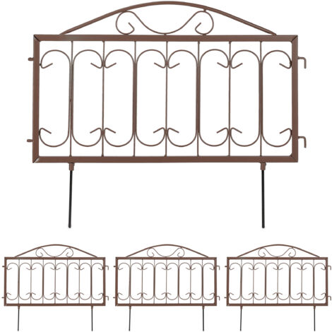 Relaxdays Recinzione per Aiuole, Set 4 Pannelli per Cortile e Giardino, Bordure Vintage, Ferro, HL: 46 x 57 cm, Marrone