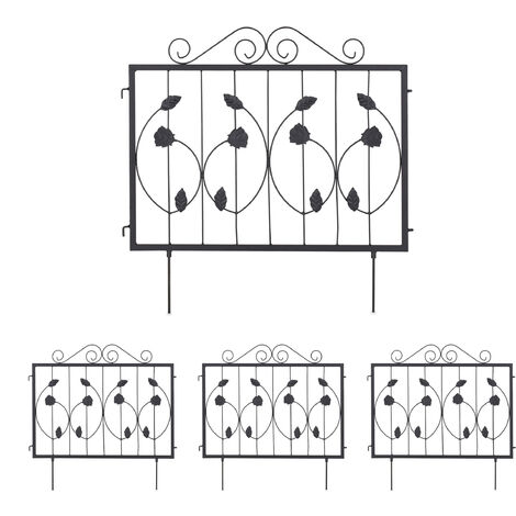 Relaxdays Recinzione per Aiuole, Set 4 Pannelli per Cortile e Giardino, Design Rose e Foglie, Ferro, HL: 60x60 cm, Nero