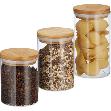   Recipientes para guardar alimentos, Set, Para 500, 700 & 1000 ml, Envases de cristal, 9,5 cm, Bambú, 3 Uds.