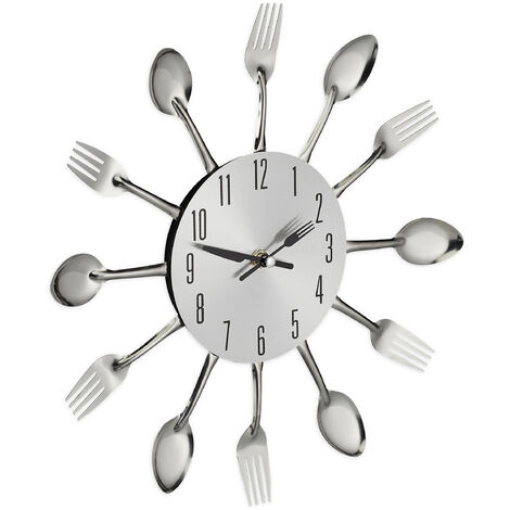 Relaxdays Reloj Pared Diseño Cubiertos, Reloj Cocina, Cuchara, Tenedor, a Pilas, Silencioso, Ø 31 cm, Metal, Plateado