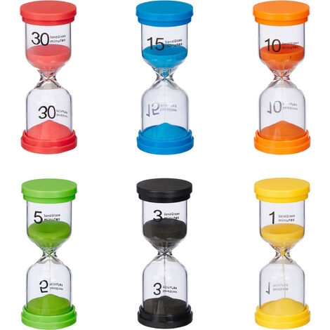 Relaxdays Relojes Arena Plástico, Set 6, Tiempos Cortos, 1-3-5-10-15-30 Min, 11 x 4,5 cm, Cronómetros Niños, Multicolor