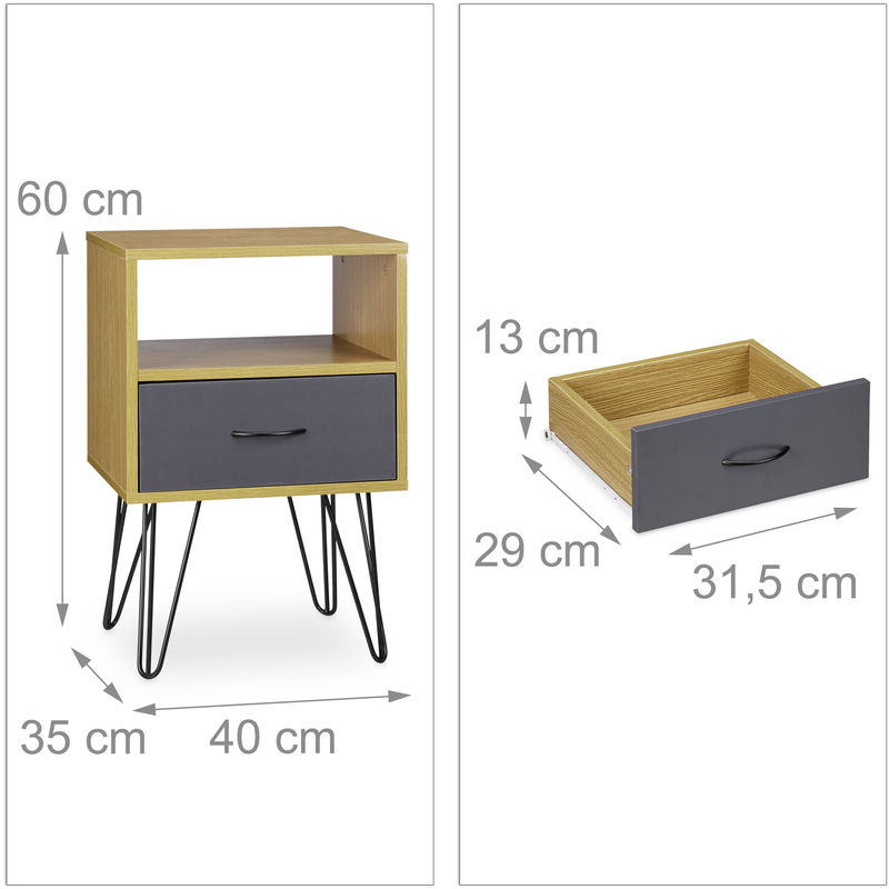 Relaxdays Retro Nightstand With Drawer Wood Look Metal Legs Vintage Bedside Table Hxwxd 60 X 40 X 35 Cm Brown 4100227424021