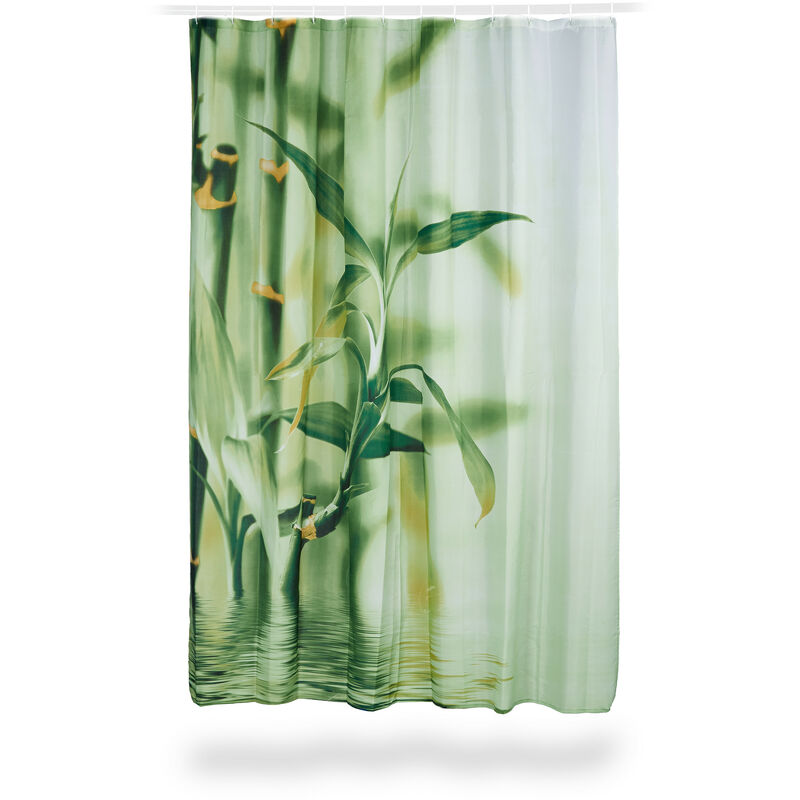 Relaxdays Tenda Per Doccia Con Design Bambù, Poliestere, Tessuto, Floreale, Tendina Vasca Da Bagno, 200 X 180 Cm, Verde